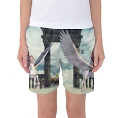 Cute Little Pegasus In The Sky, Cartoon Women s Basketball Shorts by FantasyWorld7