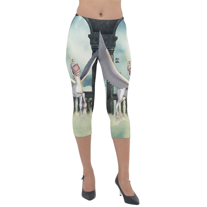 Cute Little Pegasus In The Sky, Cartoon Lightweight Velour Capri Leggings 