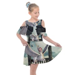 Cute Little Pegasus In The Sky, Cartoon Kids  Shoulder Cutout Chiffon Dress