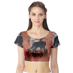 Awesome Black And White Wolf Short Sleeve Crop Top by FantasyWorld7