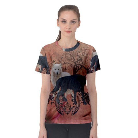 Awesome Black And White Wolf Women s Sport Mesh Tee by FantasyWorld7