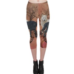 Awesome Black And White Wolf Capri Leggings  by FantasyWorld7