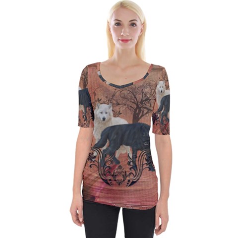 Awesome Black And White Wolf Wide Neckline Tee by FantasyWorld7