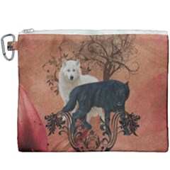 Awesome Black And White Wolf Canvas Cosmetic Bag (xxxl) by FantasyWorld7