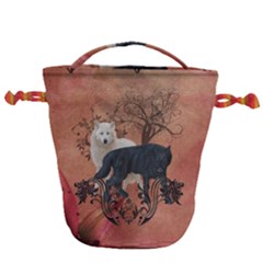 Awesome Black And White Wolf Drawstring Bucket Bag