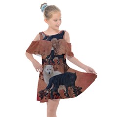 Awesome Black And White Wolf Kids  Shoulder Cutout Chiffon Dress