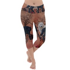 Awesome Black And White Wolf Lightweight Velour Capri Yoga Leggings