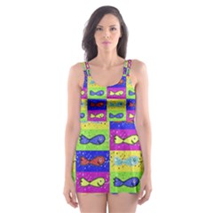 Cartoon Style Marine Life Motif Pattern Skater Dress Swimsuit by dflcprints