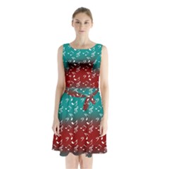 Red Teal Music Sleeveless Waist Tie Chiffon Dress by snowwhitegirl