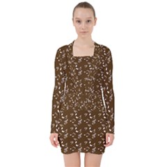 Brown Music V-neck Bodycon Long Sleeve Dress by snowwhitegirl