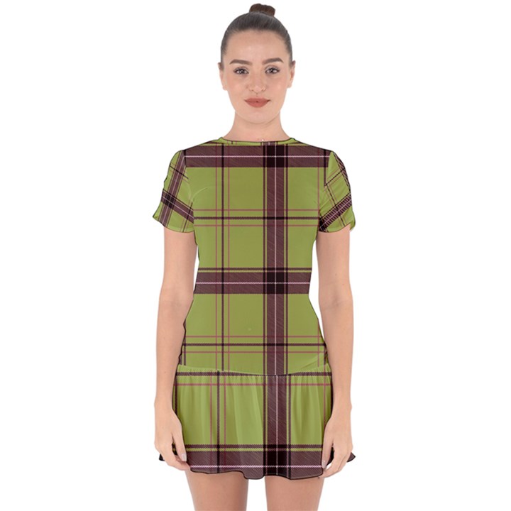 Avocado Green Plaid Drop Hem Mini Chiffon Dress