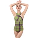 Avocado Green Plaid Cross Front Low Back Swimsuit View1