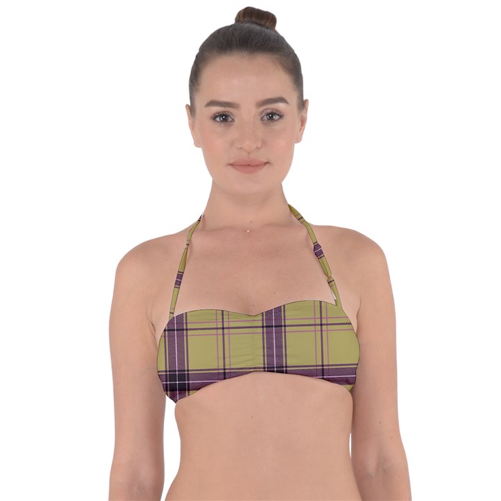 Beige Purple Plaid Halter Bandeau Bikini Top