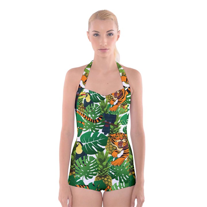 Tropical Pelican Tiger Jungle Boyleg Halter Swimsuit 