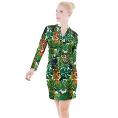 Tropical Pelican Tiger Jungle Button Long Sleeve Dress by snowwhitegirl