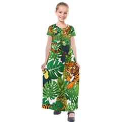 Tropical Pelican Tiger Jungle Kids  Short Sleeve Maxi Dress