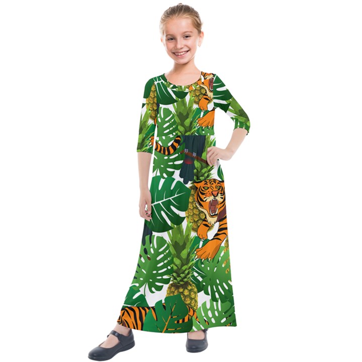 Tropical Pelican Tiger Jungle Kids  Quarter Sleeve Maxi Dress