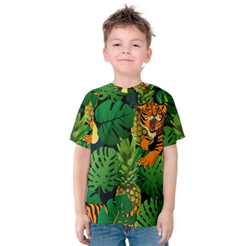 Tropical Pelican Tiger Jungle Black Kids  Cotton Tee by snowwhitegirl