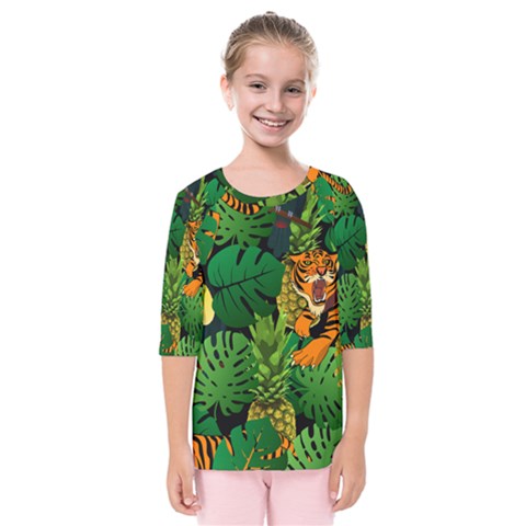 Tropical Pelican Tiger Jungle Black Kids  Quarter Sleeve Raglan Tee by snowwhitegirl