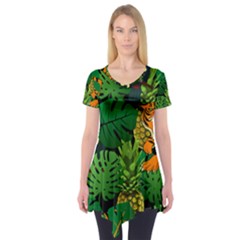 Tropical Pelican Tiger Jungle Black Short Sleeve Tunic  by snowwhitegirl