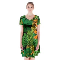 Tropical Pelican Tiger Jungle Black Short Sleeve V-neck Flare Dress by snowwhitegirl