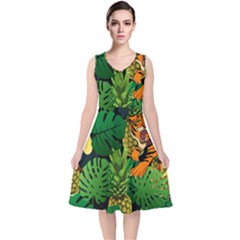 Tropical Pelican Tiger Jungle Black V-neck Midi Sleeveless Dress 