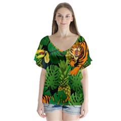 Tropical Pelican Tiger Jungle Black V-neck Flutter Sleeve Top by snowwhitegirl