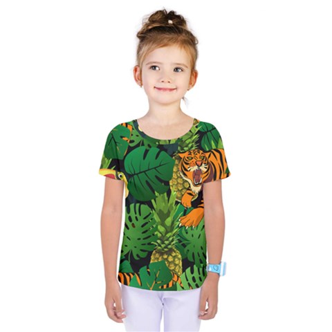 Tropical Pelican Tiger Jungle Black Kids  One Piece Tee by snowwhitegirl