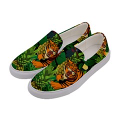 Tropical Pelican Tiger Jungle Black Women s Canvas Slip Ons by snowwhitegirl