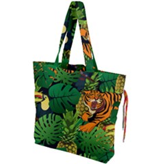 Tropical Pelican Tiger Jungle Black Drawstring Tote Bag by snowwhitegirl