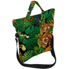 Tropical Pelican Tiger Jungle Black Fold Over Handle Tote Bag by snowwhitegirl