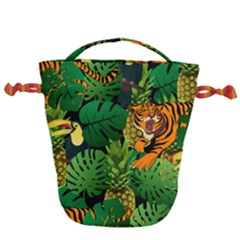 Tropical Pelican Tiger Jungle Black Drawstring Bucket Bag by snowwhitegirl