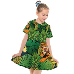 Tropical Pelican Tiger Jungle Black Kids  Short Sleeve Shirt Dress