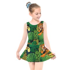 Tropical Pelican Tiger Jungle Black Kids  Skater Dress Swimsuit by snowwhitegirl