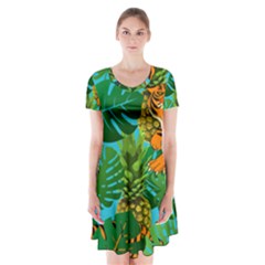 Tropical Pelican Tiger Jungle Blue Short Sleeve V-neck Flare Dress by snowwhitegirl