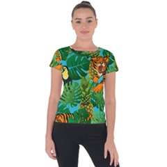 Tropical Pelican Tiger Jungle Blue Short Sleeve Sports Top  by snowwhitegirl