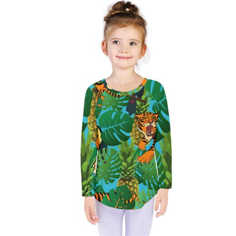 Tropical Pelican Tiger Jungle Blue Kids  Long Sleeve Tee by snowwhitegirl