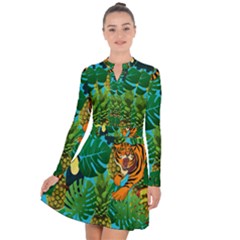 Tropical Pelican Tiger Jungle Blue Long Sleeve Panel Dress