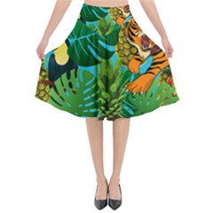 Tropical Pelican Tiger Jungle Blue Flared Midi Skirt