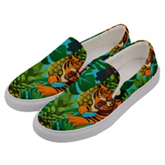 Tropical Pelican Tiger Jungle Blue Men s Canvas Slip Ons by snowwhitegirl