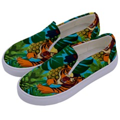 Tropical Pelican Tiger Jungle Blue Kids  Canvas Slip Ons by snowwhitegirl