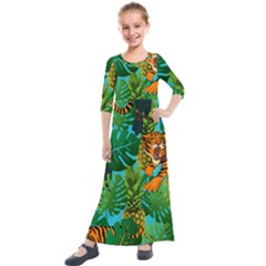 Tropical Pelican Tiger Jungle Blue Kids  Quarter Sleeve Maxi Dress by snowwhitegirl