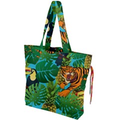 Tropical Pelican Tiger Jungle Blue Drawstring Tote Bag by snowwhitegirl