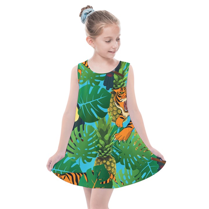 Tropical Pelican Tiger Jungle Blue Kids  Summer Dress