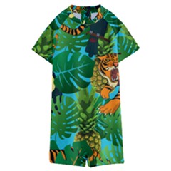 Tropical Pelican Tiger Jungle Blue Kids  Boyleg Half Suit Swimwear