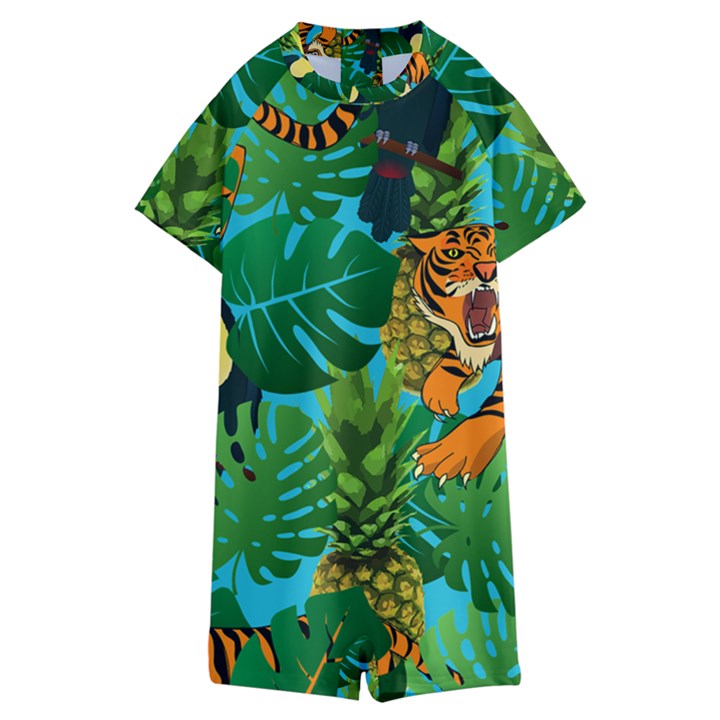 Tropical Pelican Tiger Jungle Blue Kids  Boyleg Half Suit Swimwear