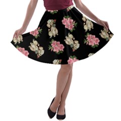 Retro Dog Floral Pattern A-line Skater Skirt