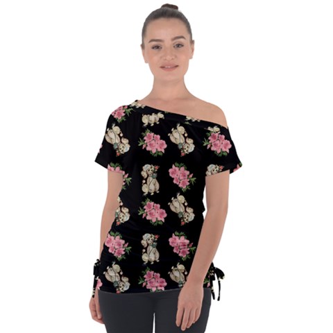 Retro Dog Floral Pattern Tie-up Tee by snowwhitegirl