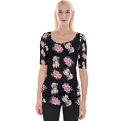 Retro Dog Floral Pattern Wide Neckline Tee