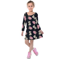 Retro Dog Floral Pattern Kids  Long Sleeve Velvet Dress by snowwhitegirl